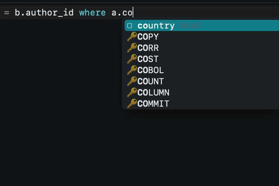Typing a.co after joining authors as a suggests the country column first.