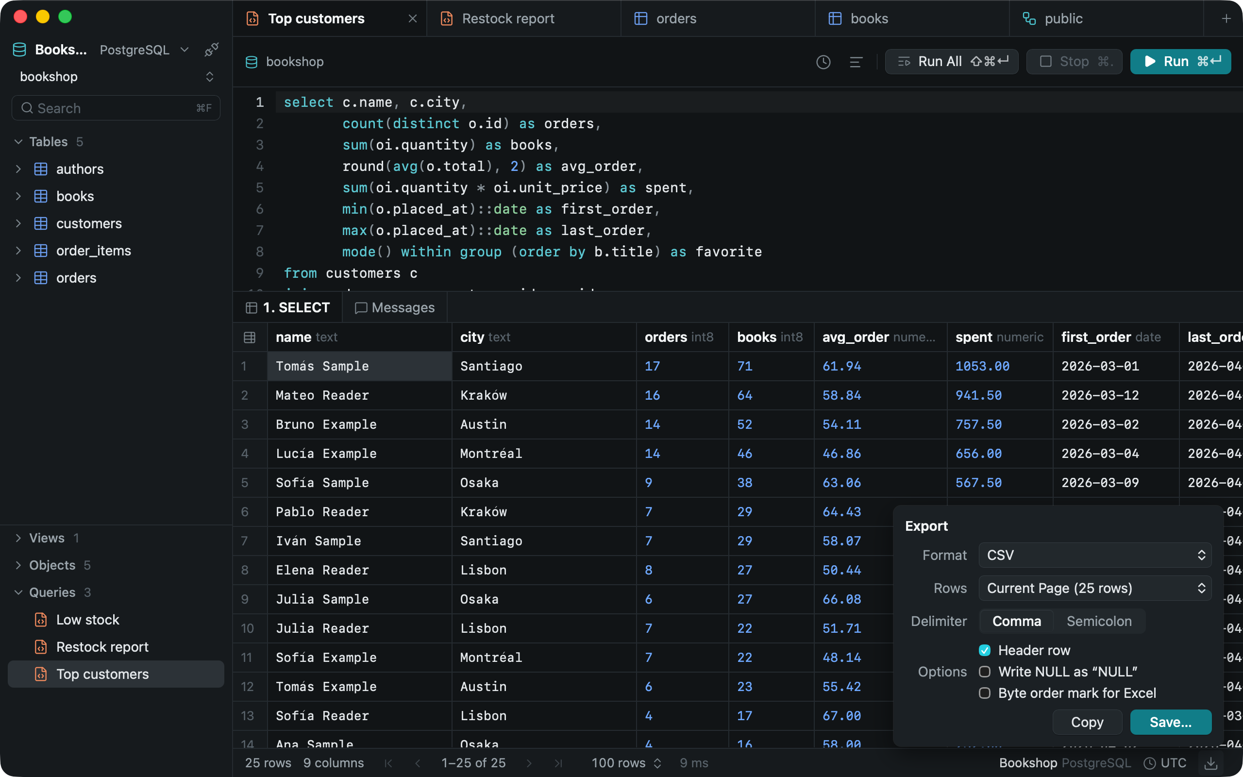 The Export popover over a result: CSV, the current page of 25 rows, comma delimiter and a header row, with Copy and Save.