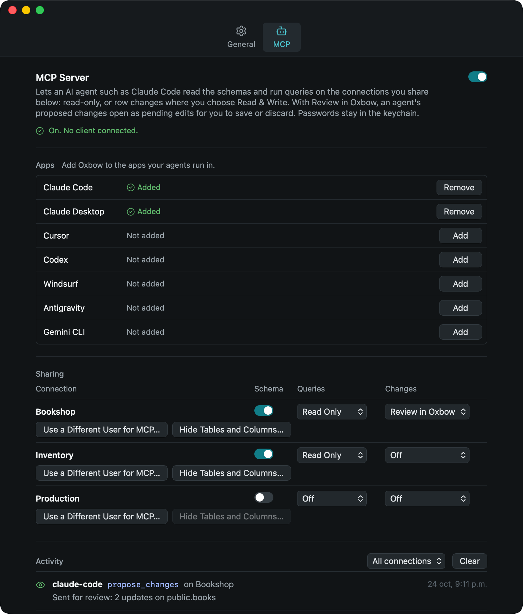 The MCP pane of Settings: the server on, the agent apps with Claude Code and Claude Desktop added, three connections with what each shares, and the agent's recent requests.