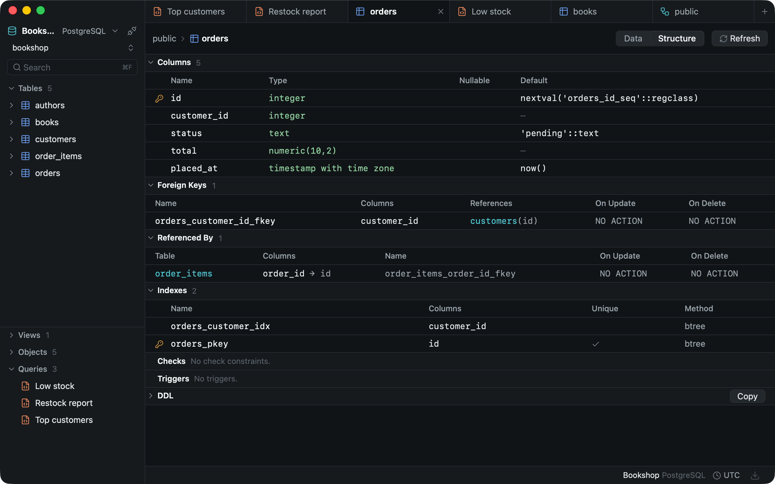The orders table in Structure: its columns with types and defaults, its foreign key, the table that references it and its indexes, with the DDL folded below.